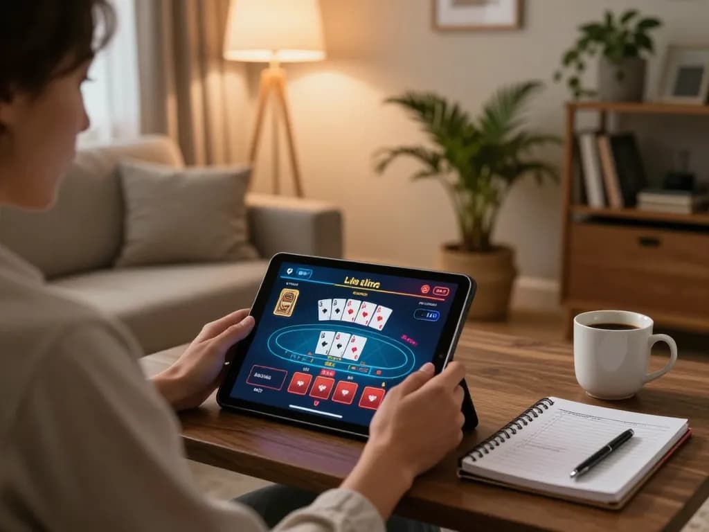 Person engaging in online casino gaming with 23win, focused on a tablet displaying an animated poker game interface.