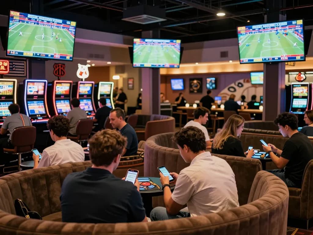 Engaged bettors analyzing kèo nhà cái at a lively modern sports betting venue with multiple screens