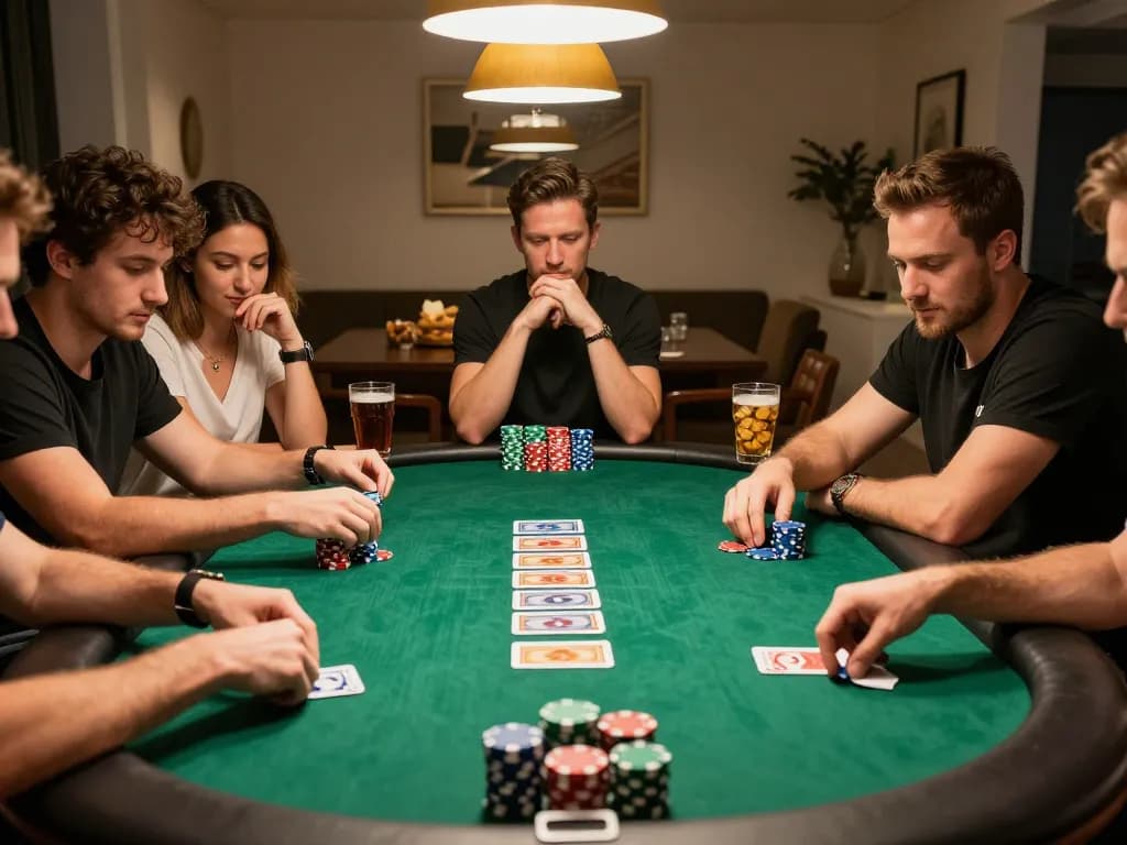 Bạn bè thưởng thức một trò chơi poker chiến lược tại nhà, không khí sôi động, phản ánh trải nghiệm tại lucks8.