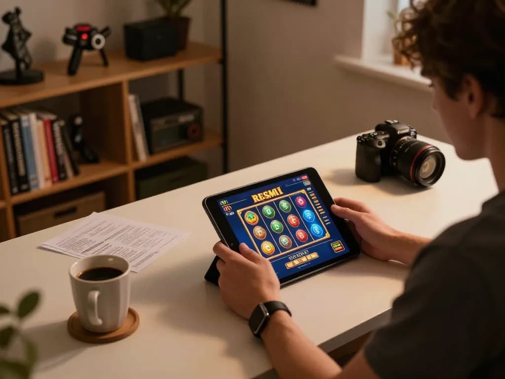 Engaging gameplay experience with Slot Resmi on a tablet at a cozy home desk setting.