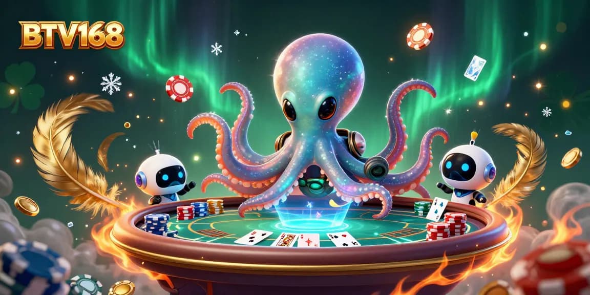 BTV168 players engaging in a thrilling poker scene with an alien octopus and a robot!