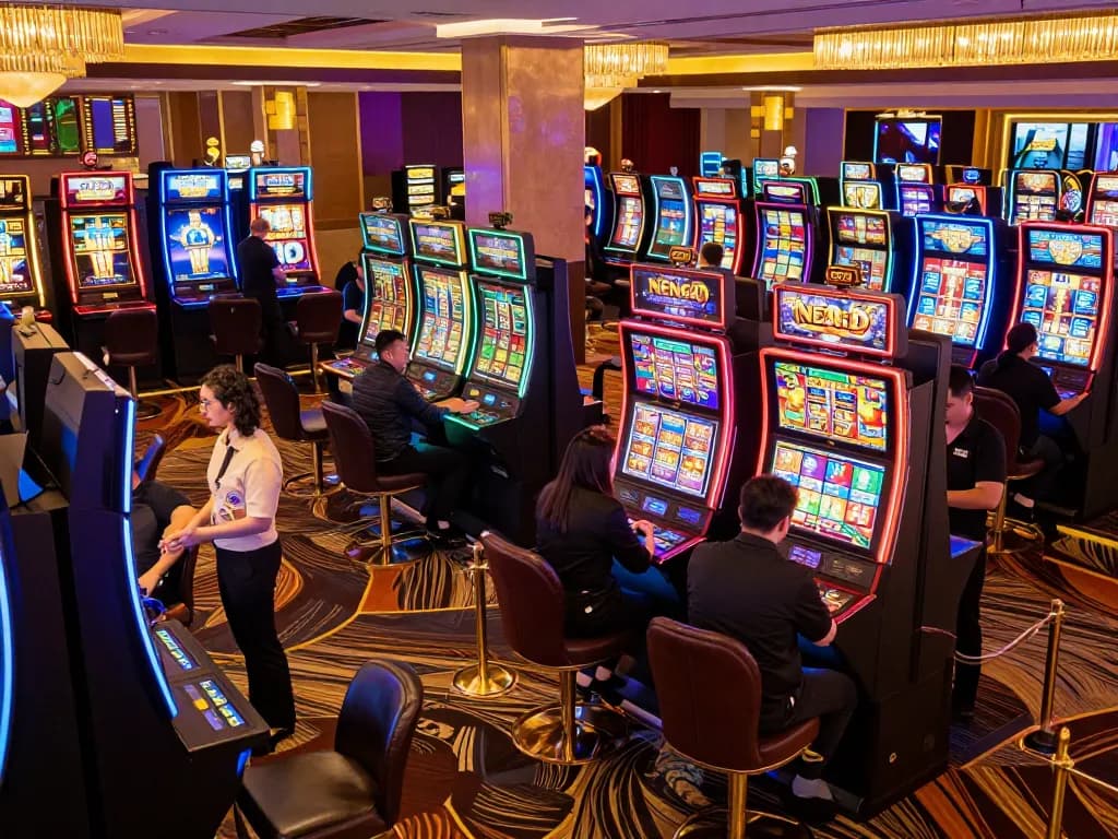 Engaging with NENG4D slots in a vibrant casino filled with colorful machines and players.
