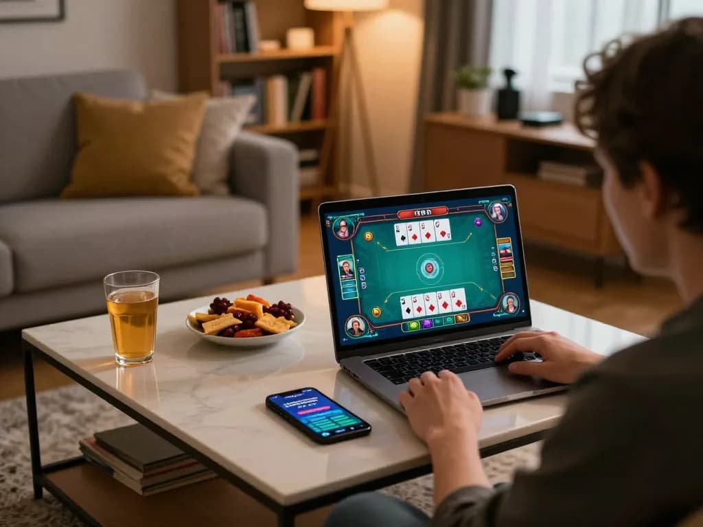 Engaging in a virtual poker game on ushimitsusoft platform at home, showcasing an immersive gambling experience