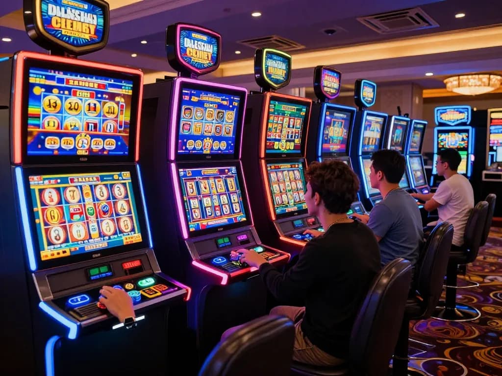 Players enjoying thrilling slot machines at AU88 casino, showcasing dynamic and colorful gaming atmosphere