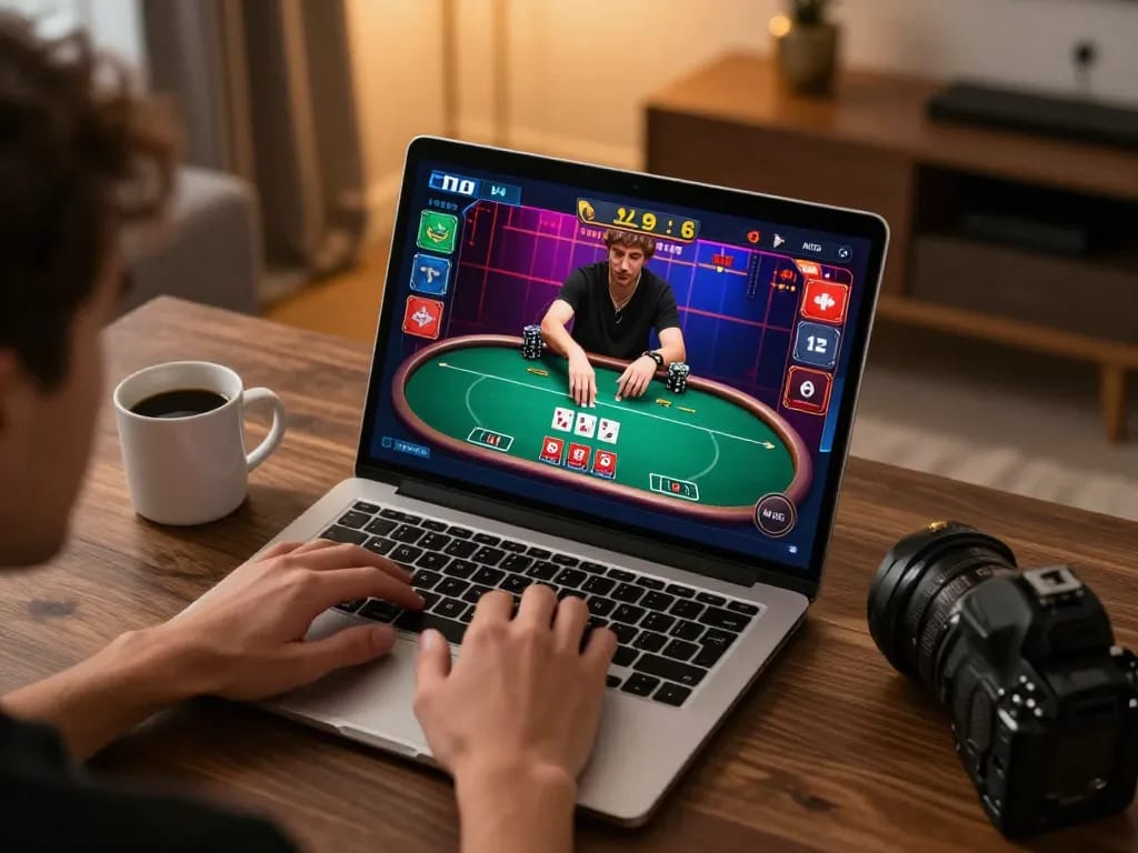 Player engaging in online casino gaming at Rik vip with a vibrant poker interface on screen.