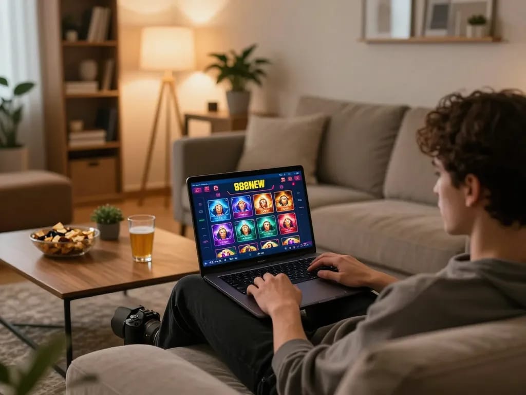 Engaging gaming session on 888NEW platform showcasing a cozy home setup