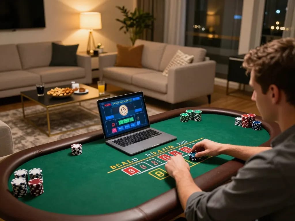 O8 player strategizing on live blackjack game at home, creating an engaging online gambling experience