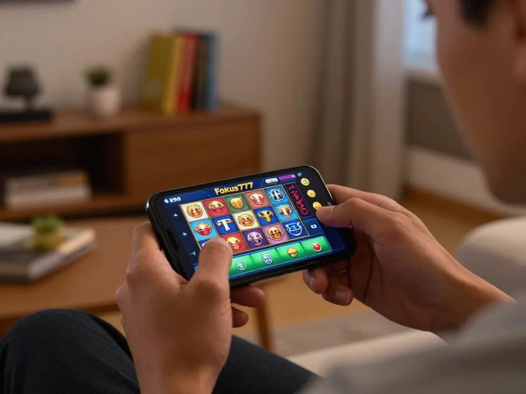 Experience thrilling gameplay with Fokus777 app in a cozy home setting, capturing excitement and strategy.