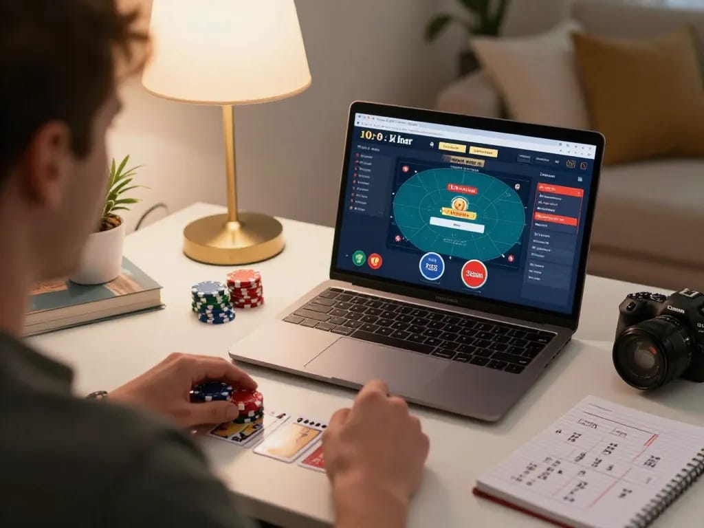 Player engaging in online poker game at home, showcasing dynamic casinosscope strategy with chips and notepad.