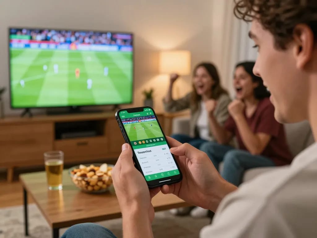 Cakhiatv user placing sports bets on mobile app during intense football match.