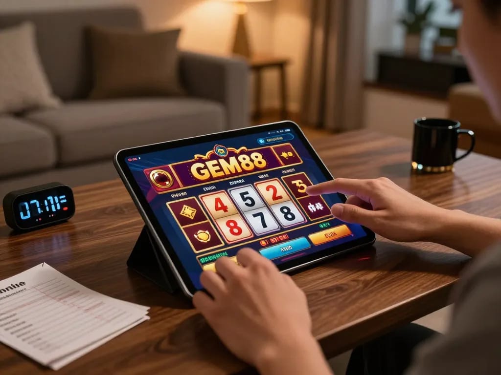Engaged user exploring GEM88 online casino options on a stylish tablet, focusing on responsible gaming.