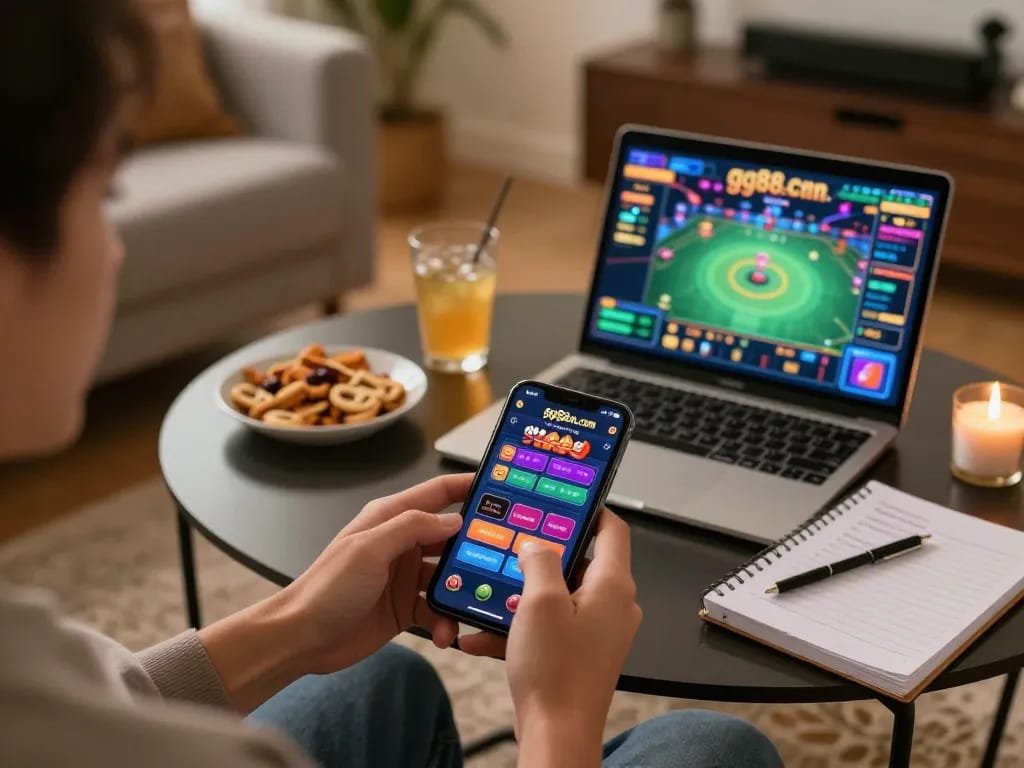 Experience thrilling online gaming with gg88.cn.com on a smartphone in a cozy home setting.