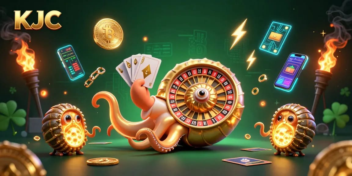 Engage with KJC’s dazzling gaming features, showcasing a unique nautilus roulette wheel surrounded by Ethereum coins.