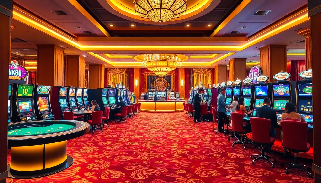 Thrilling gaming experience at NK88 casino with lively slot machines and poker tables.