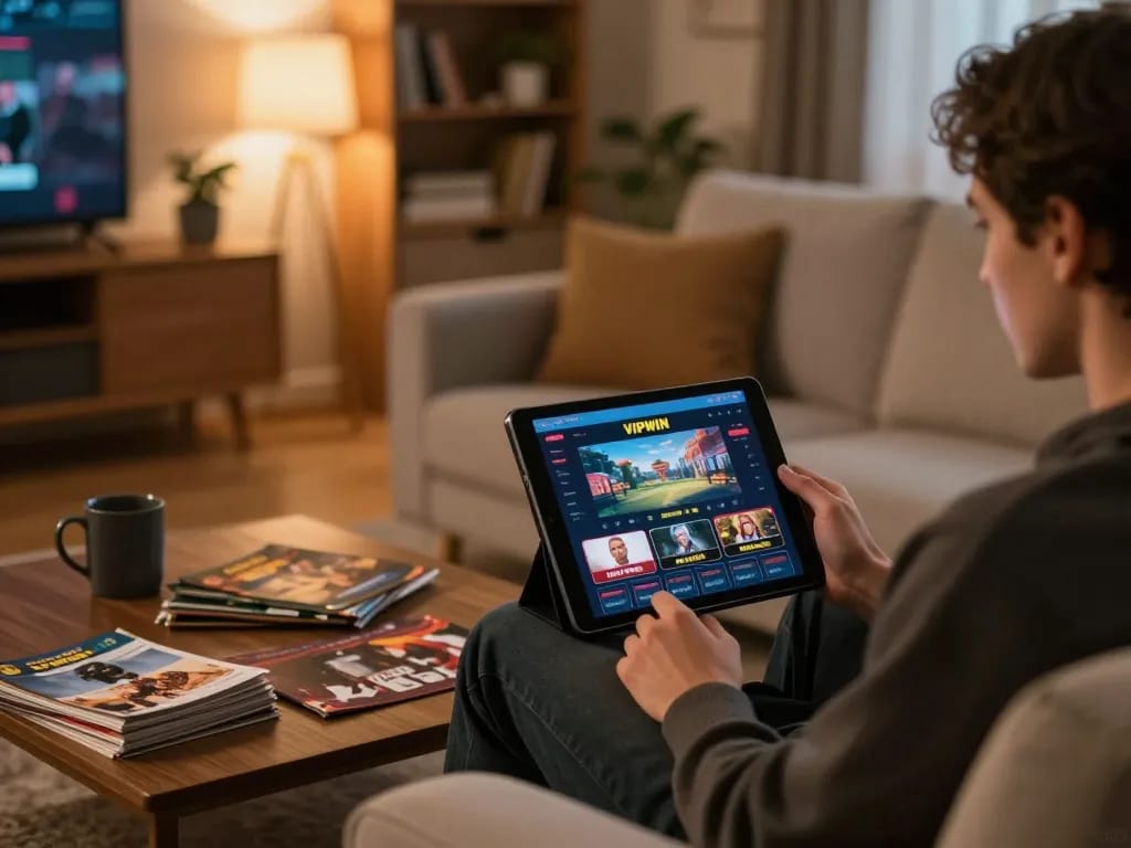 Engaged player using the VIPWIN app for online gambling from a cozy living room