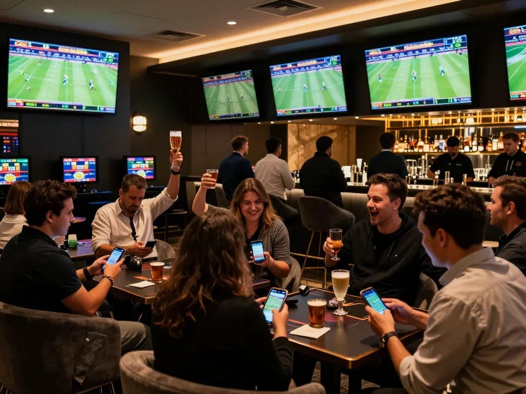Engaged patrons using sports betting apps during live games at kèo nhà cái hôm nay lounge.