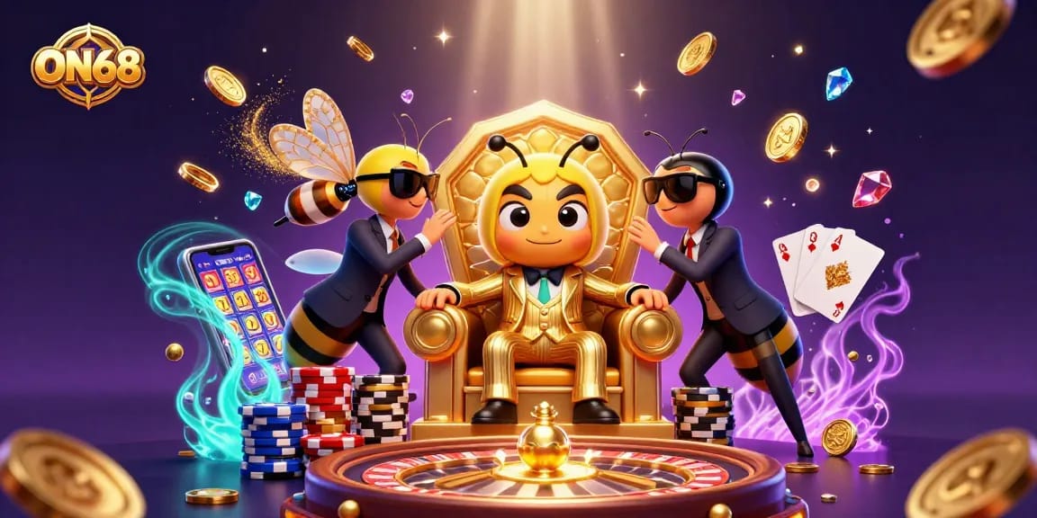 ON68 casino illustration with a bumblebee mob boss amidst dynamic slot machine and poker elements.