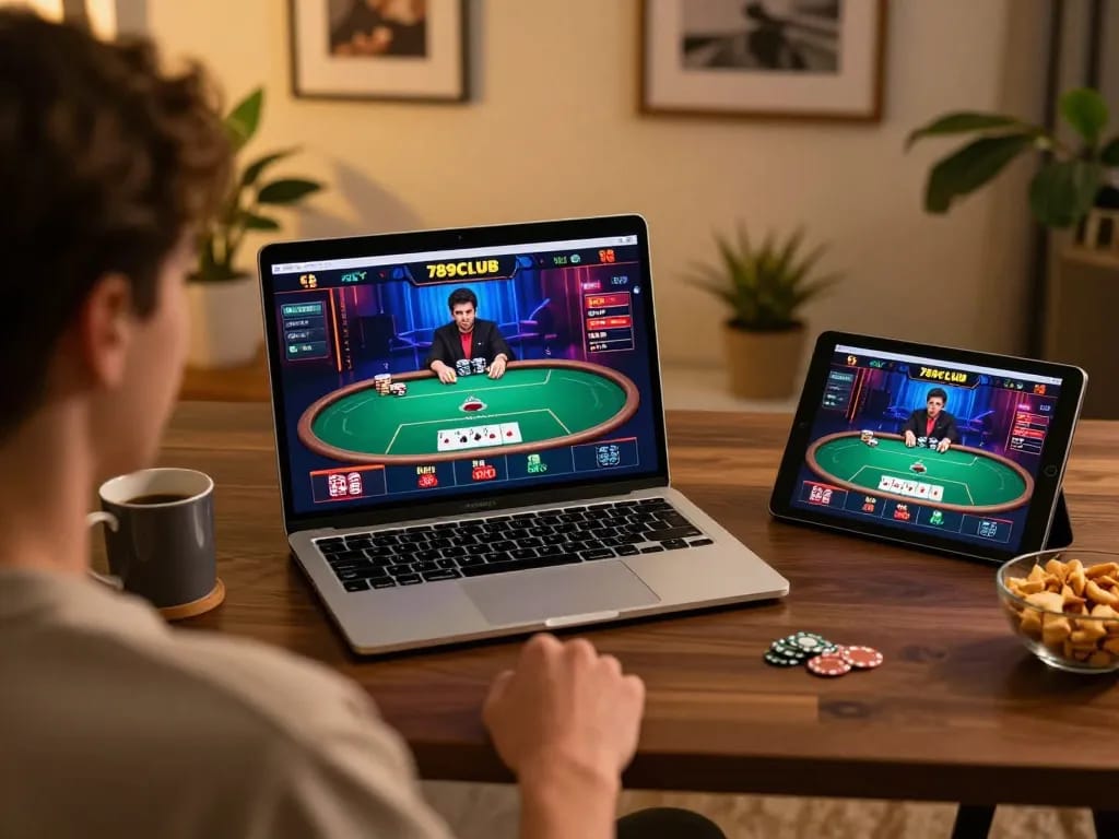 Engaging in a poker game on the 789CLUB platform with a cozy home setup