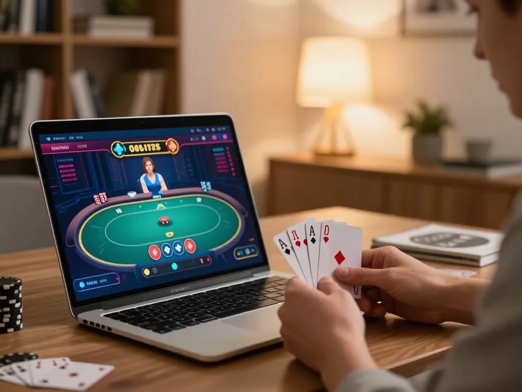 77WIN players engaging with an online poker game on a laptop, showcasing strategic gameplay at home.