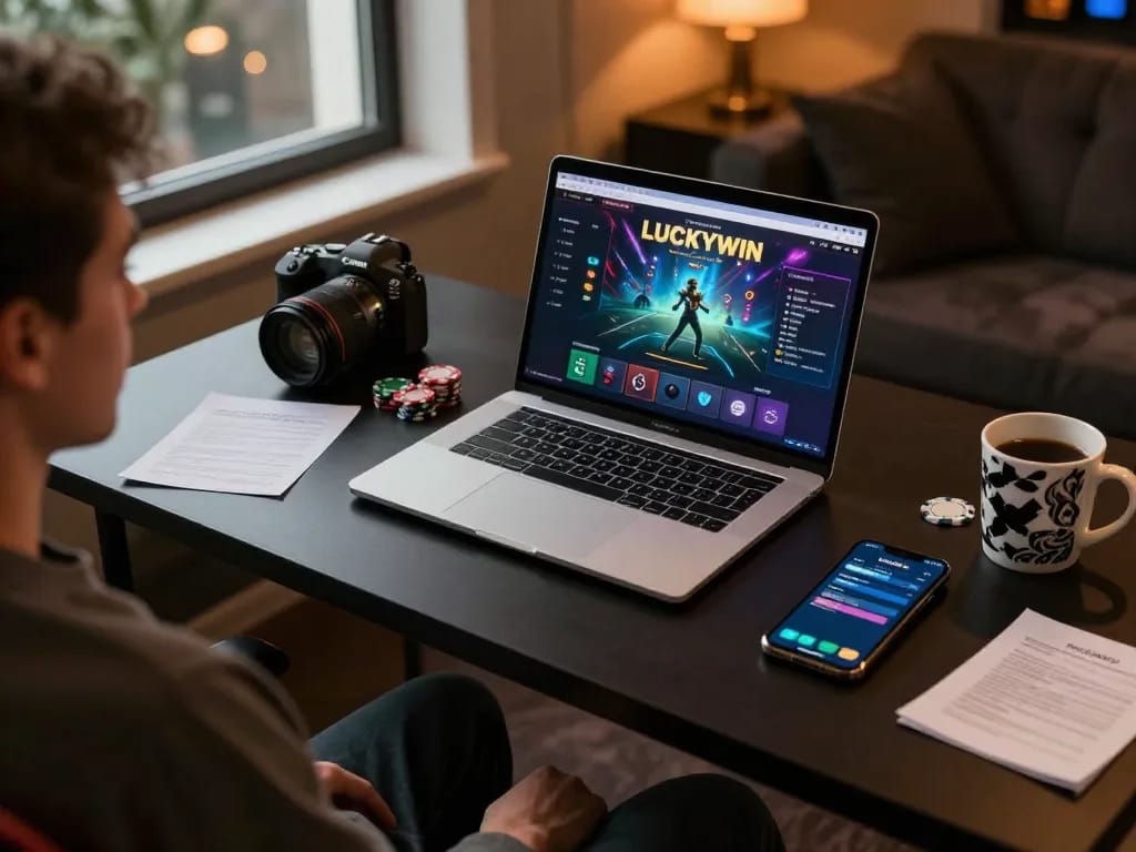 Person engaging with LUCKYWIN online gaming interface on laptop, showcasing a vibrant gambling atmosphere.