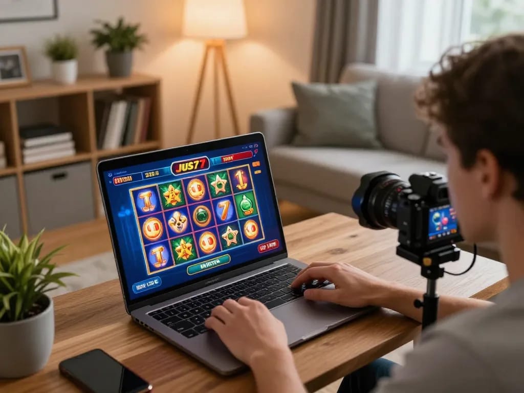 Pemain yang terbenam dalam permainan slot jus77 di laptop di rumah, menyoroti kegembiraan perjudian online