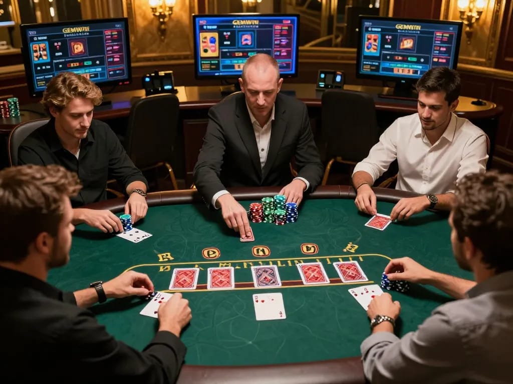 Players placing bets at an engaging GEMWIN blackjack game, showcasing excitement and strategy in a virtual casino.