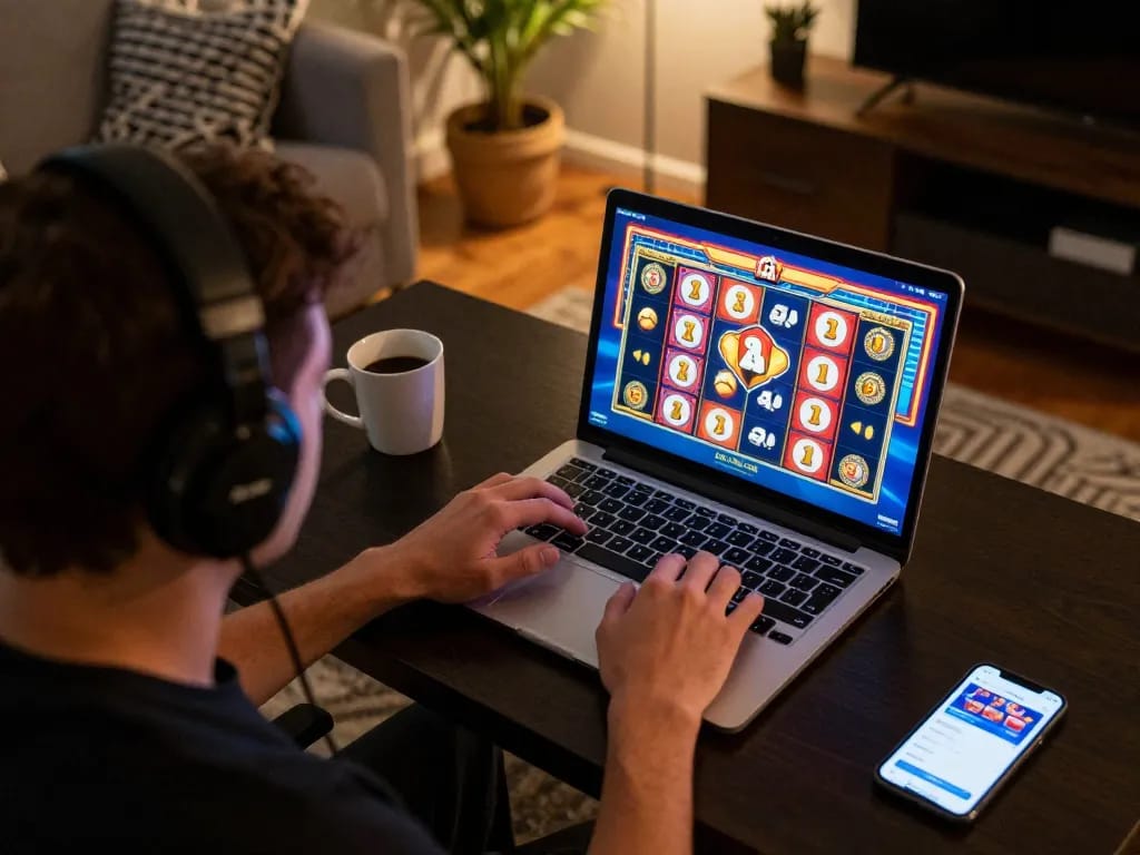 Engaging in online slots at LGOSUPER, showcasing vibrant graphics and cozy atmosphere.