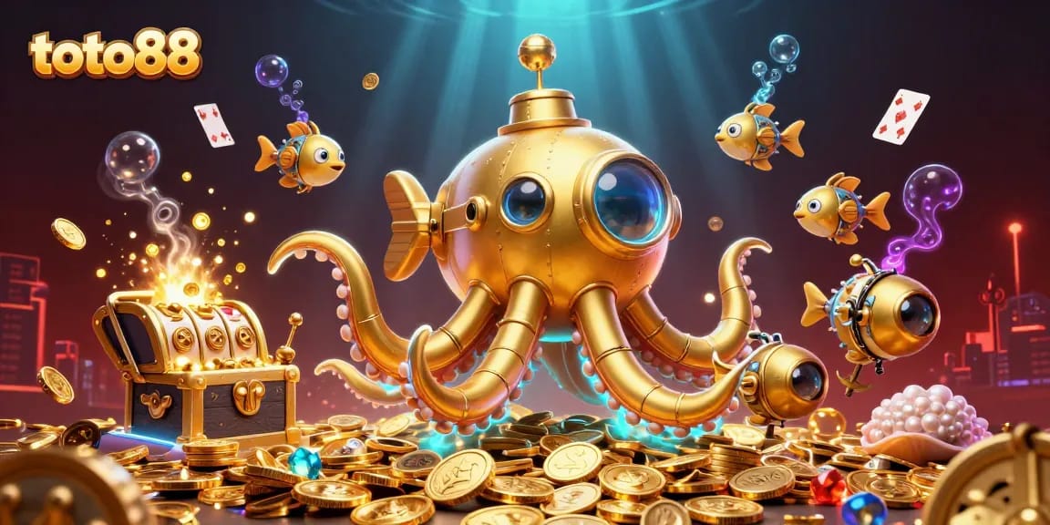 Experience the thrill of toto88 with a vibrant underwater scene featuring golden kraken and slot reels.