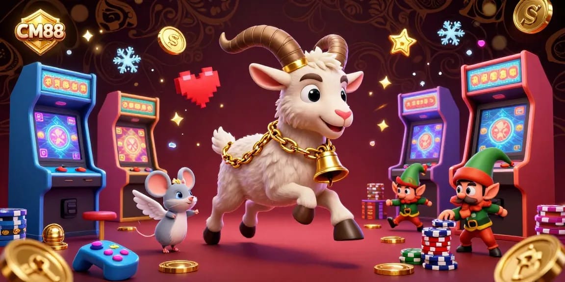Engaging players at CM88 with vibrant casino elements in a dynamic illustration featuring festive characters.