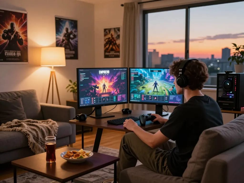 Empire99 gaming enthusiast engaged in gameplay in a cozy living room setting with vibrant graphics.