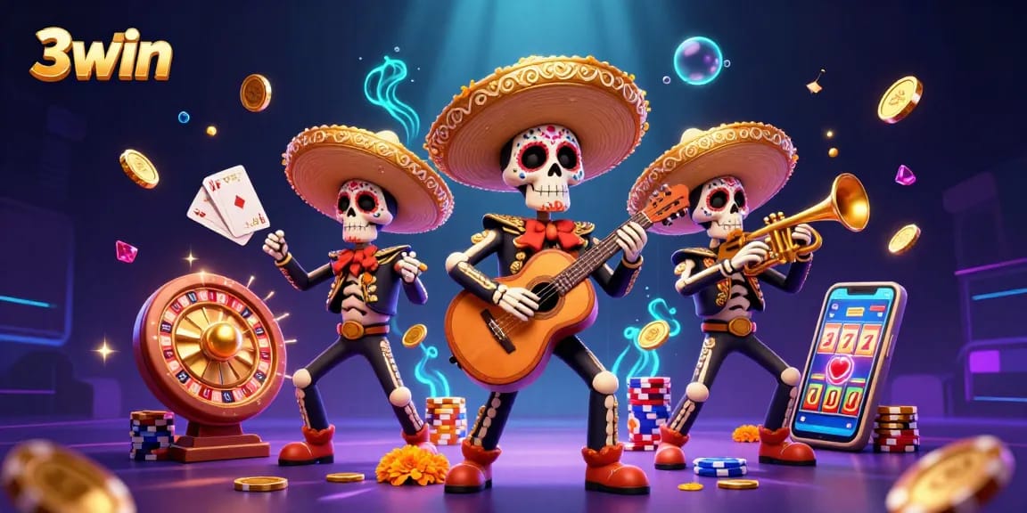 Experience exciting gaming with 3win in a vibrant, joyful casino scene featuring mariachi band.
