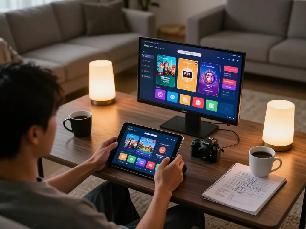 Player enjoying engaging games on CM88 app in a cozy home environment
