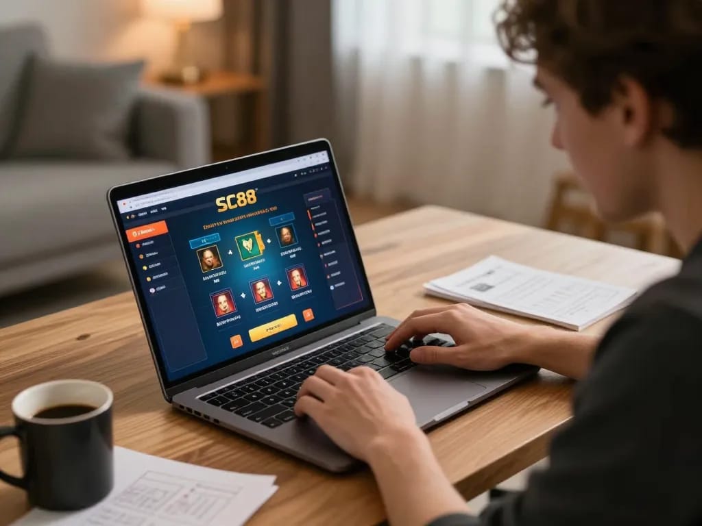 Player analyzing bets on SC 88 online casino interface at home with focused strategy notes