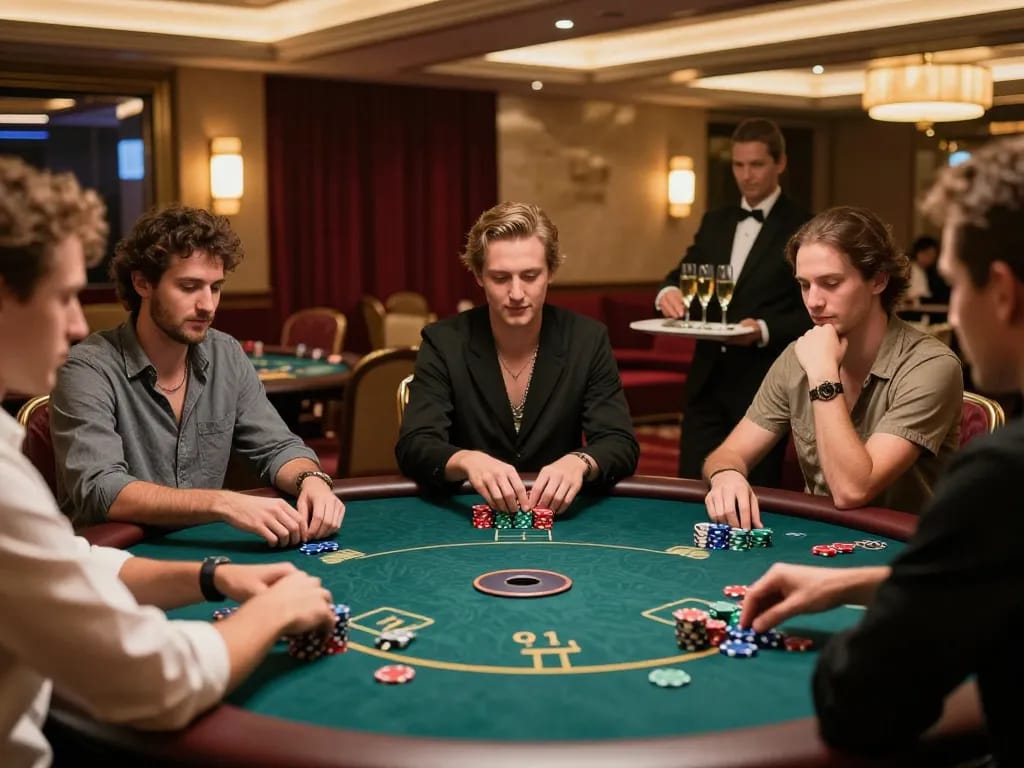 Experience the strategic gameplay of kdslots in an upscale casino VIP area filled with engaged players.