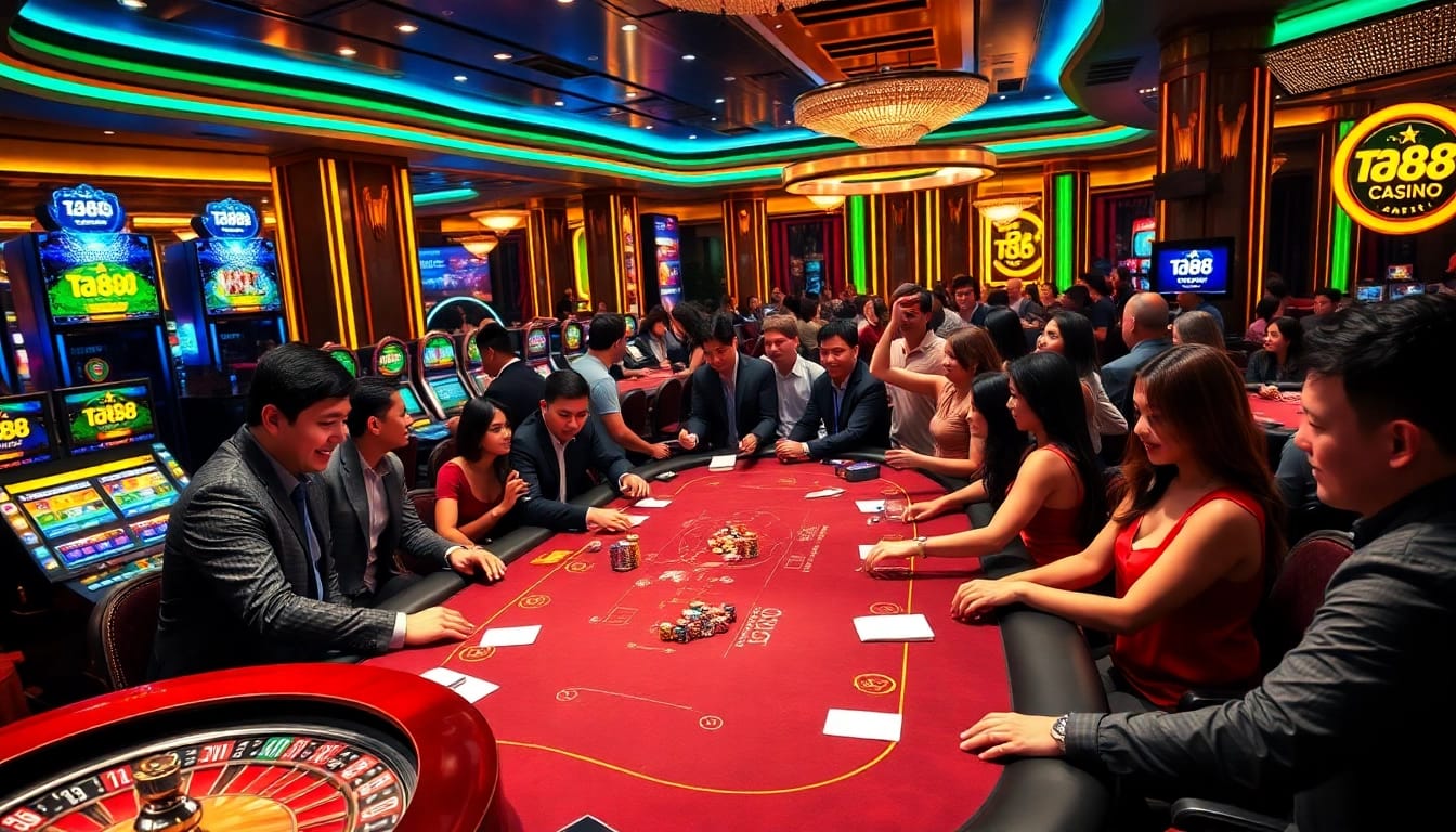 Action-packed casino gaming atmosphere at ta88 with poker and slot machines.