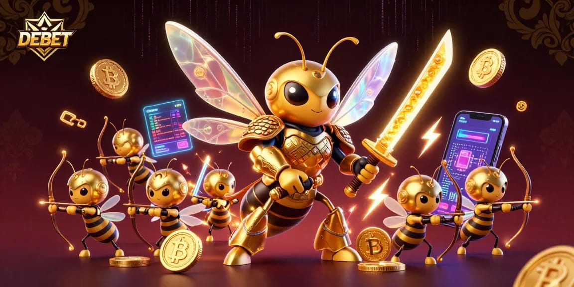 DEBET attracts players with a dynamic 3D illustration showcasing a golden hornet samurai and crypto elements.