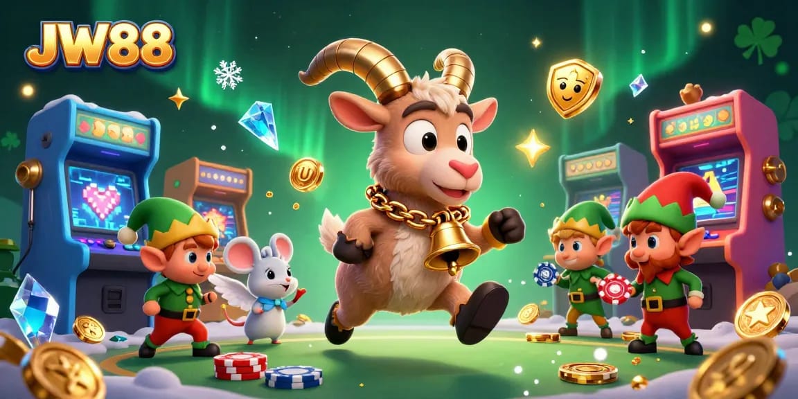 JW88 casino scene showcases playful elements with Krampus and angel mouse managing a lively gaming atmosphere.