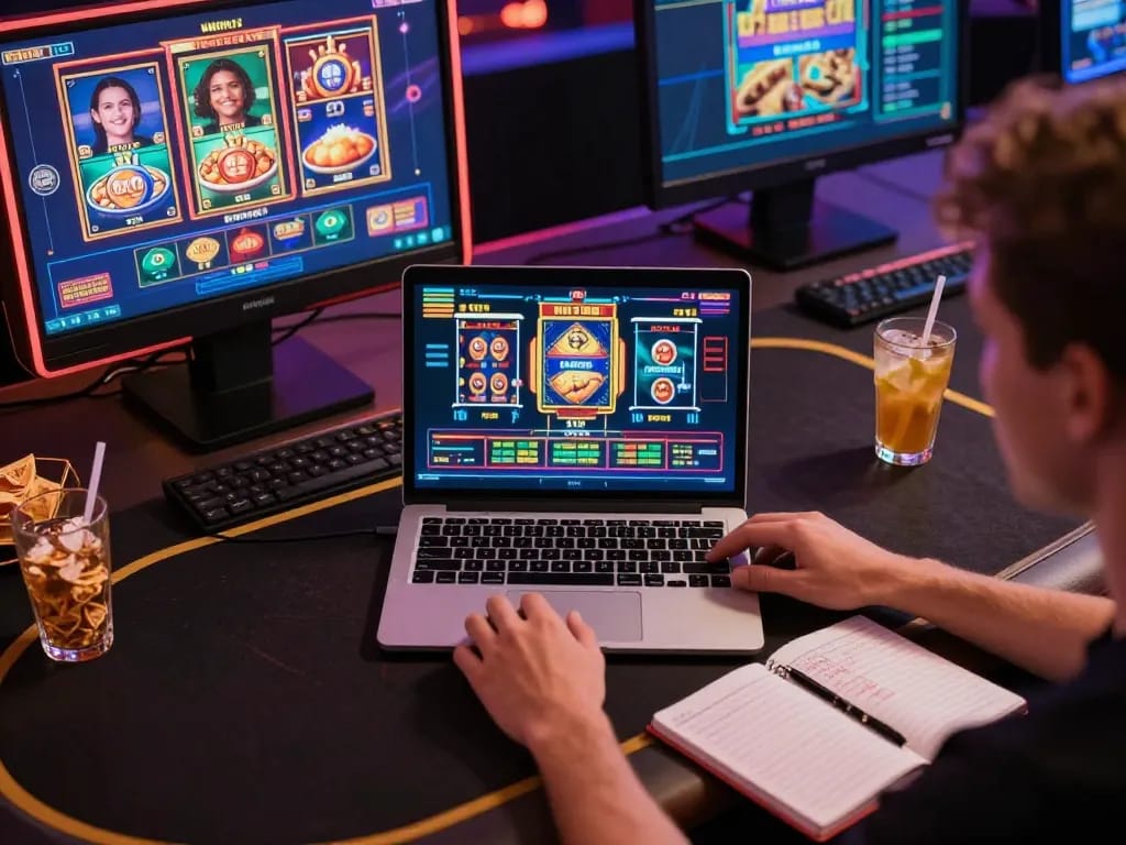 Engaging online gaming session with ok8386 displayed on laptop, showcasing vibrant slots.