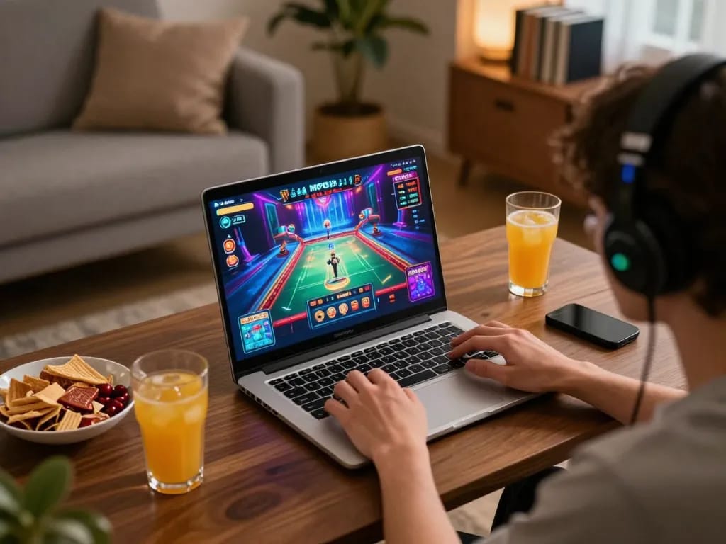 Player enjoying MPOID online gaming session at home with laptop and snacks.