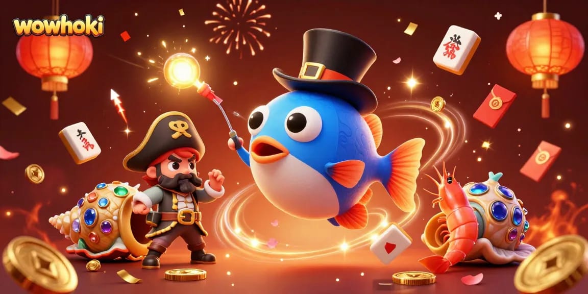 Menangkan koin emas di WOWHOKI dengan ikan penangkap dan karakter unik dalam festival kasino.