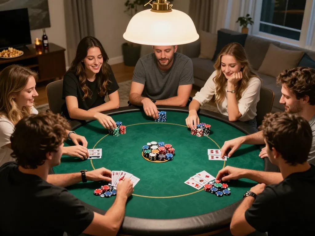 Friends enjoying a lively poker game at home, featuring lively gameplay and vibrant chips on the table, with tr88 involved.