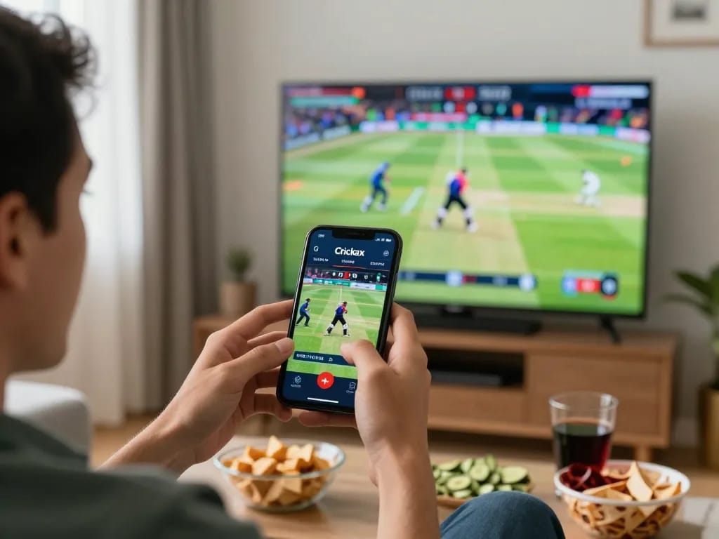 Engaged user placing bets on the Crickex app while watching cricket live in a cozy home setting.