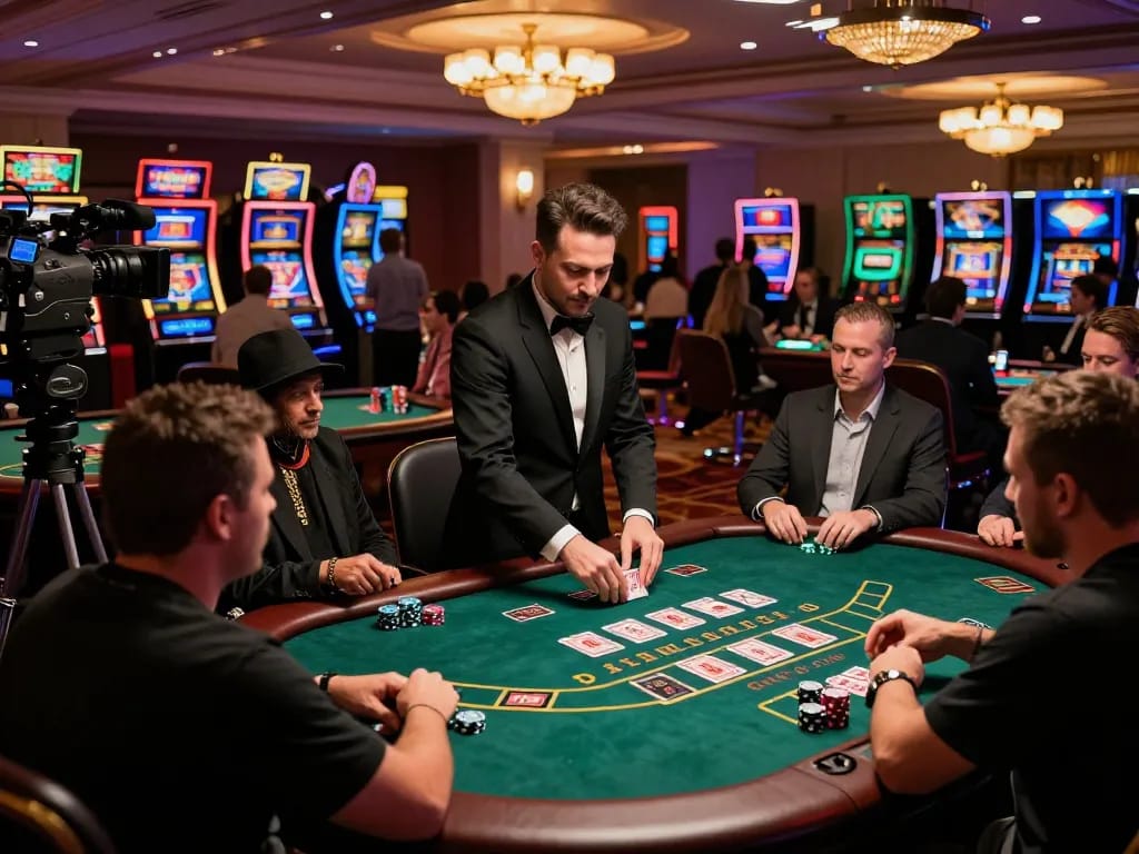 Players strategizing at a nohu blackjack table, intense focus on cards and chips.