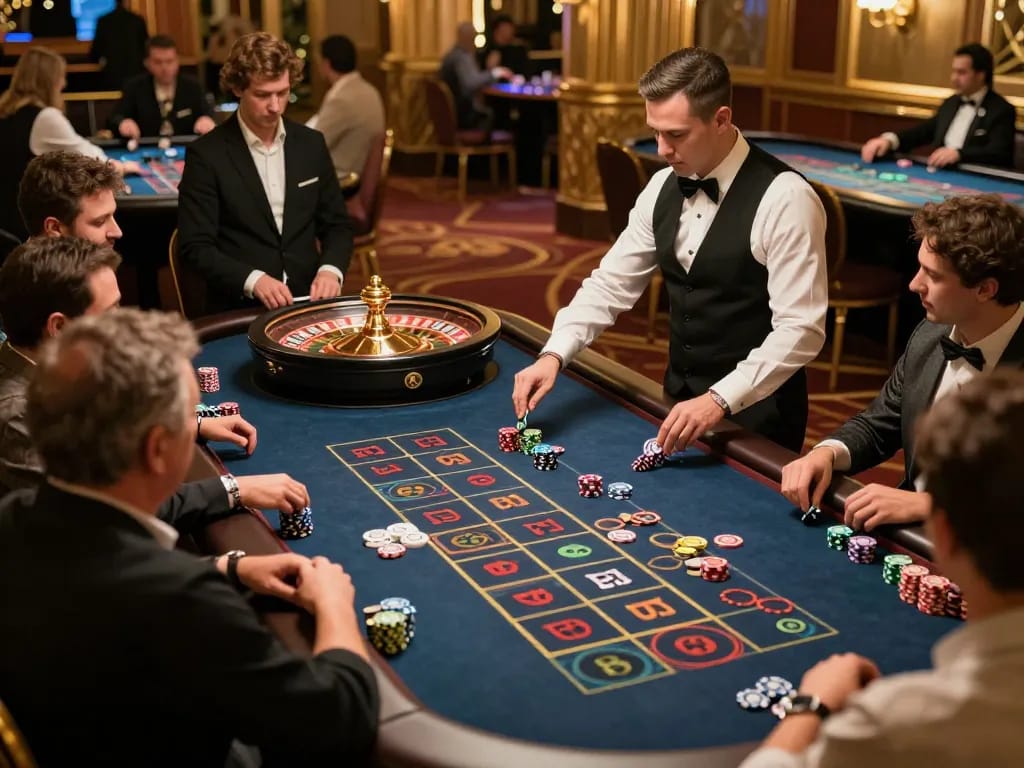 Players engaging in live casino action at king33, focused on roulette table with chips and dealer.
