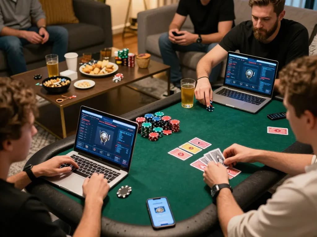 Players enjoying a competitive poker session online with LIGALGO, showcasing hands at work.