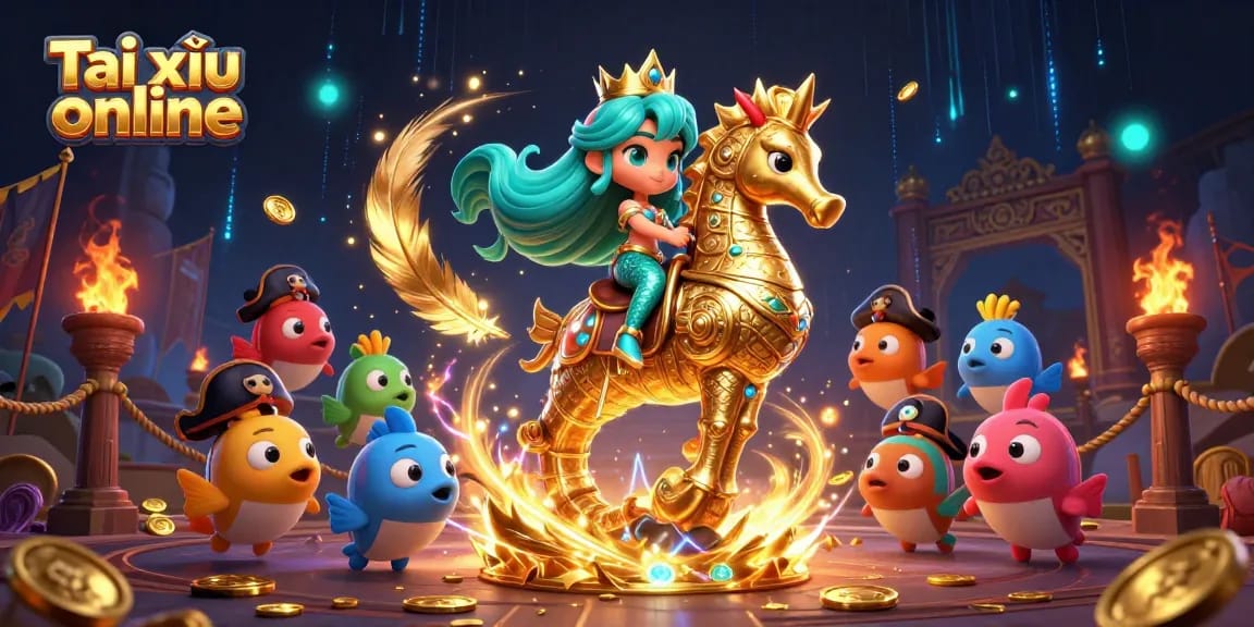 Experience thrilling Tài xỉu online gameplay with a vibrant 3D scene of a mermaid princess and seahorse in a colorful casino.