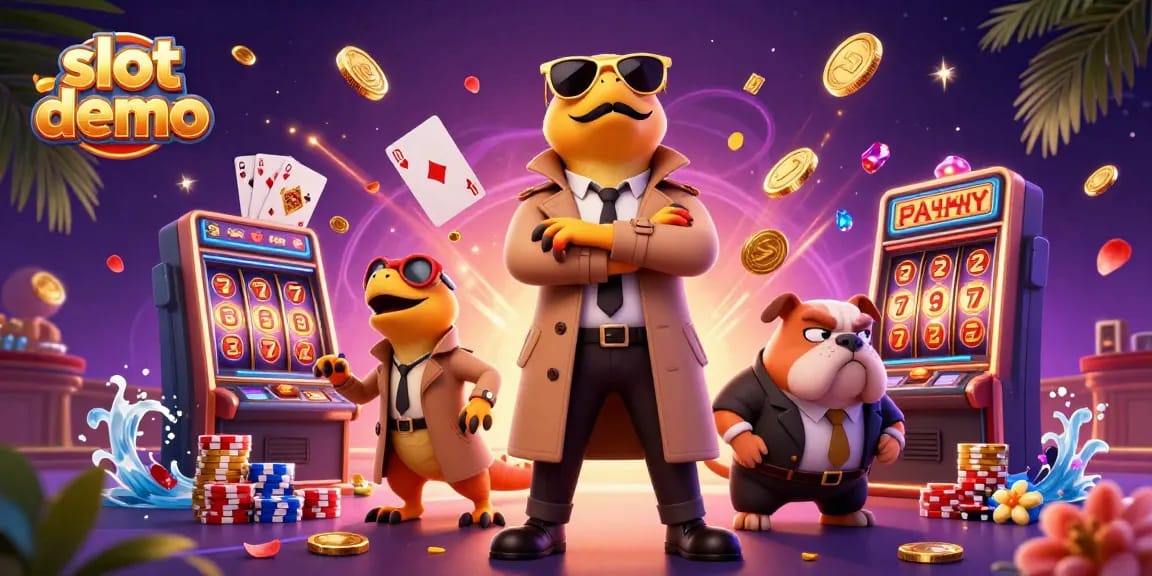 Pemain bermain slot demo yang mengasyikkan dengan mesin slot dan kartu di tengah suasana kasino yang meriah.