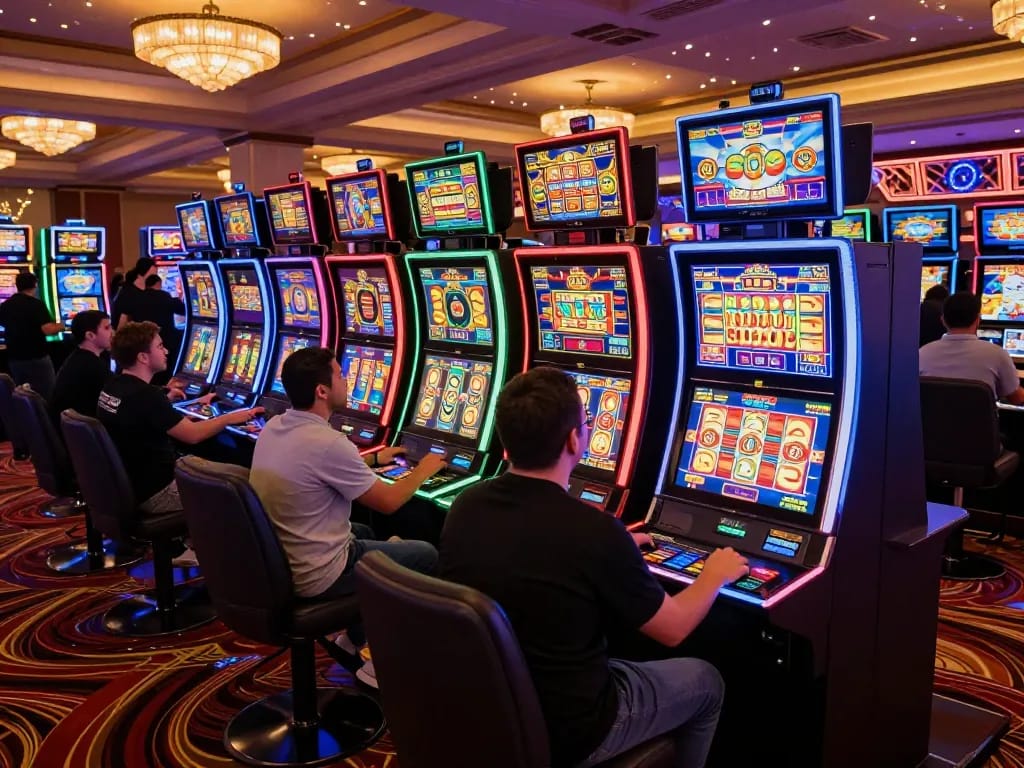 Players experience thrilling slot games at 8K8 casino, surrounded by vibrant lighting and colorful displays.