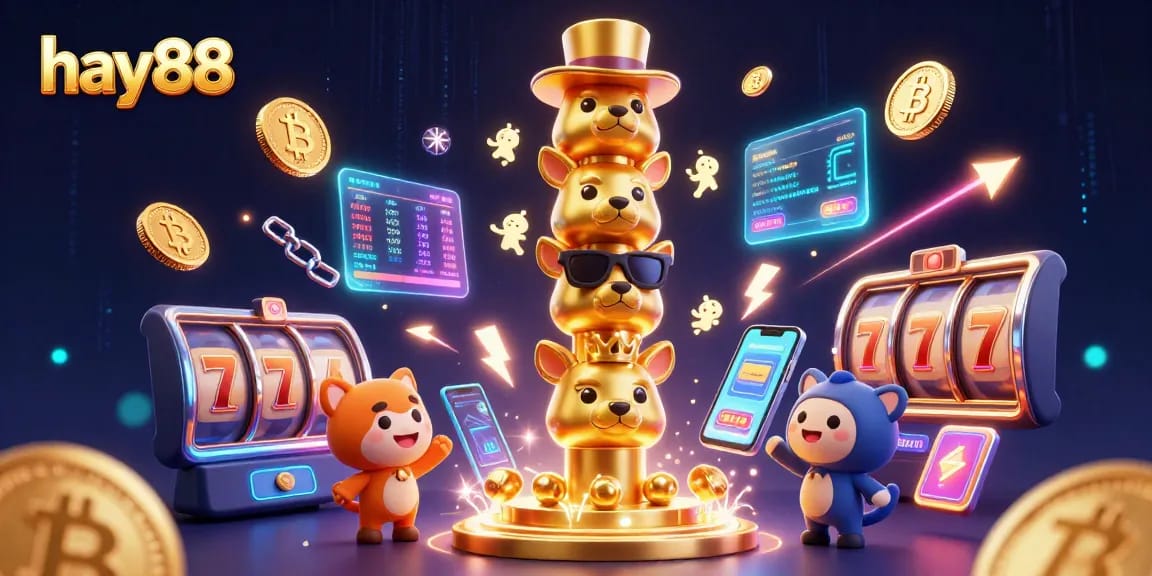Experience winning at hay88 with a vibrant 3D illustration of a golden totem pole surrounded by casino elements.