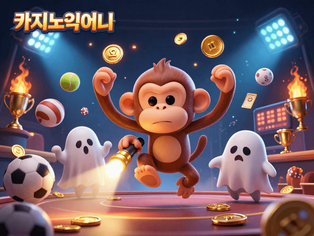 온라인 카지노사이트에서 바카라 게임을 즐기는 경쾌한 몽키와 귀여운 강아지의 생동감 넘치는 일러스트